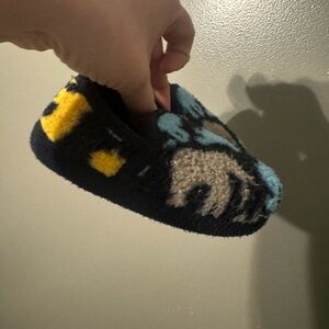 Cozy Navy Fuzzy Slippers with Yellow & Teal Accents